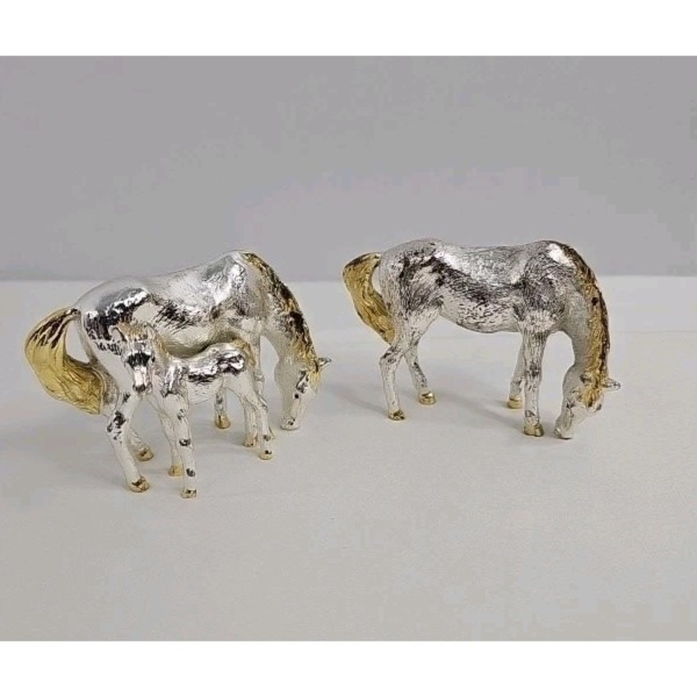 VTG PELTRO ITALY SOLID PEWTER Horse Family Set 3pc Stallion, Mare Attached Colt